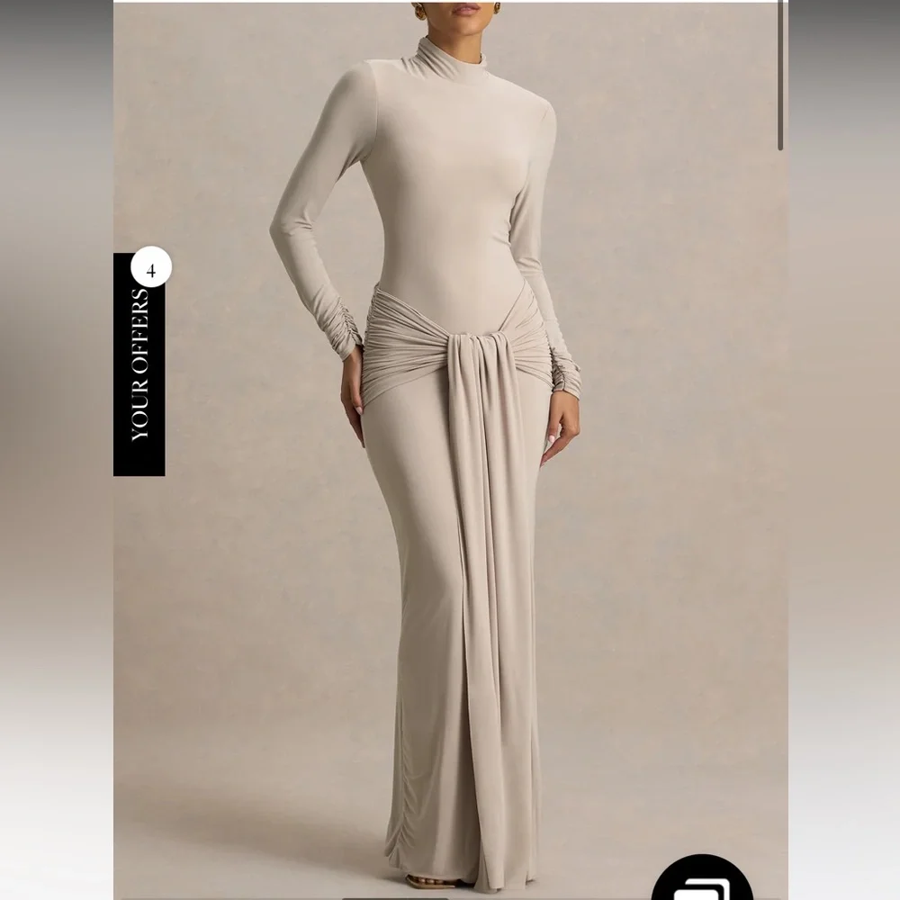 Club L London Myra Champagne High-Neck Maxi Dress Ruched Detailing - Picture 3 of 3